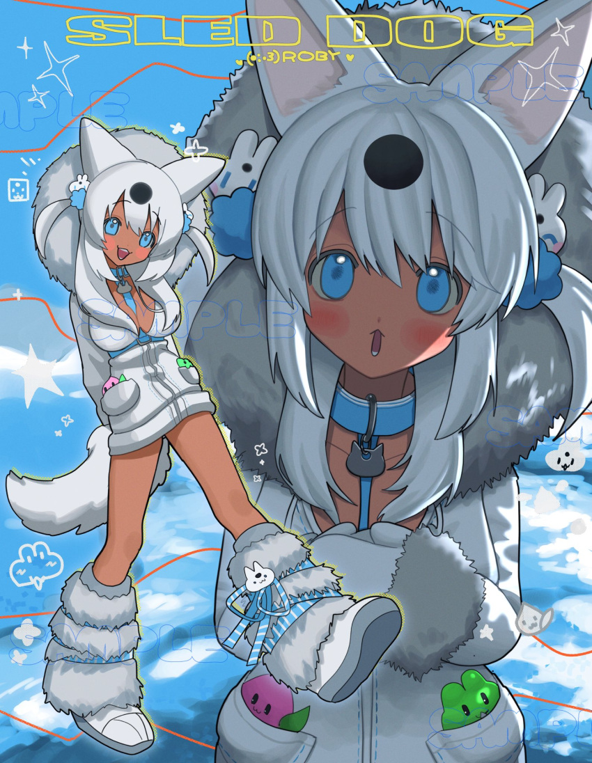 animal_collar animal_ears blush boots borrowed_character collar commentary commission dark-skinned_female dark_skin dog_ears dog_girl dog_tail dress english_commentary female fur-trimmed_hood fur_boots fur_trim highres hood hood_up hooded_dress indie_virtual_youtuber long_hair looking_at_viewer multiple_views poin_(goruchopame) roby_(lapithai) tail two_side_up virtual_youtuber walking white_dress white_hair