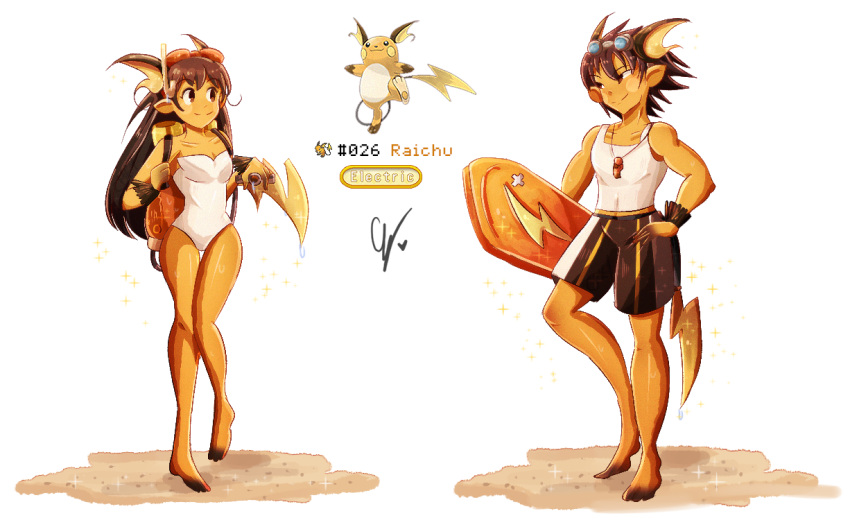 1boy barefoot brown_hair brown_male_swimwear closed_mouth collarbone colored_extremities colored_skin commentary endifi female full_body goggles goggles_on_head long_hair male_swimwear one-piece_swimsuit orange_skin personification pokemon pokemon_(creature) raichu reference_inset signature simple_background smile strapless strapless_one-piece_swimsuit swim_trunks swimsuit tank_top whistle whistle_around_neck white_background white_one-piece_swimsuit white_tank_top