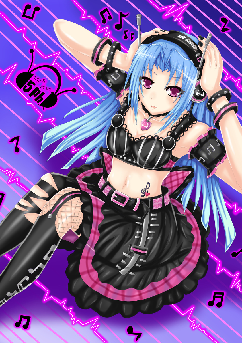 5pb_(neptunia) absurdres blue_hair boots character_name commentary_request female fishnet_pantyhose fishnets headphones highres honke_ganso long_hair looking_at_viewer navel neptune_(series) pantyhose purple_eyes smile solo tattoo