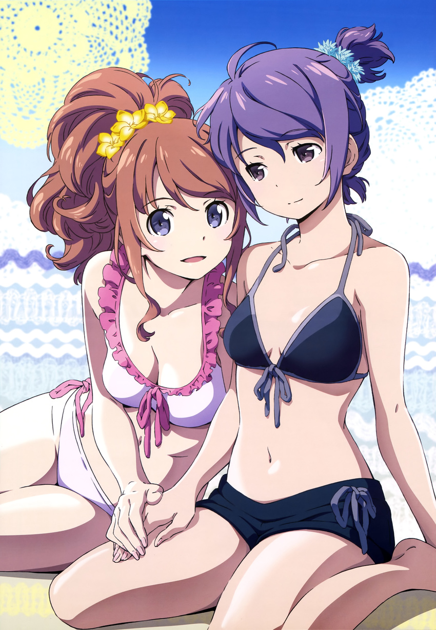 2girls absurdres bikini breasts brown_hair classroom_crisis cleavage highres legs medium_breasts multiple_girls non-web_source nyantype official_art purple_eyes purple_hair sera_mizuki_(classroom_crisis) shirasaki_iris short_hair small_breasts swimsuit