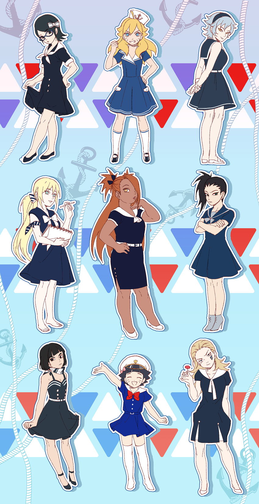 ahoge akimichi_chouchou alternate_hairstyle anchor black_hair blonde_hair boruto:_the_movie bow crossdressing dark_skin dress gradient gradient_background grey_hair hairbow hat metal_lee mitsuki_(naruto) multiple_boys multiple_girls nara_shikadai naruto noeunjung93 rule_63 sailor_collar sailor_hat short_dress side_ponytail uchiha_sarada uzumaki_boruto uzumaki_himawari yamanaka_inojin