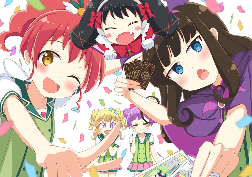 5girls black_hair blonde_hair blue_eyes blush blush_stickers bow brown_hair card closed_eyes commentary_request facing_viewer fangs gaaruru_(pripara) gloves hairband holding holding_card idol_time_pripara index_finger_raised kurosu_aroma long_hair looking_at_viewer manaka_laala meiji_(meizi493) multiple_girls oerba_yun_fang open_mouth pointing pointing_at_viewer pretty_series pripara purple_eyes purple_hair red_bow red_hair shiratama_mikan short_hair short_twintails smile twintails white_gloves yellow_eyes yumekawa_yui