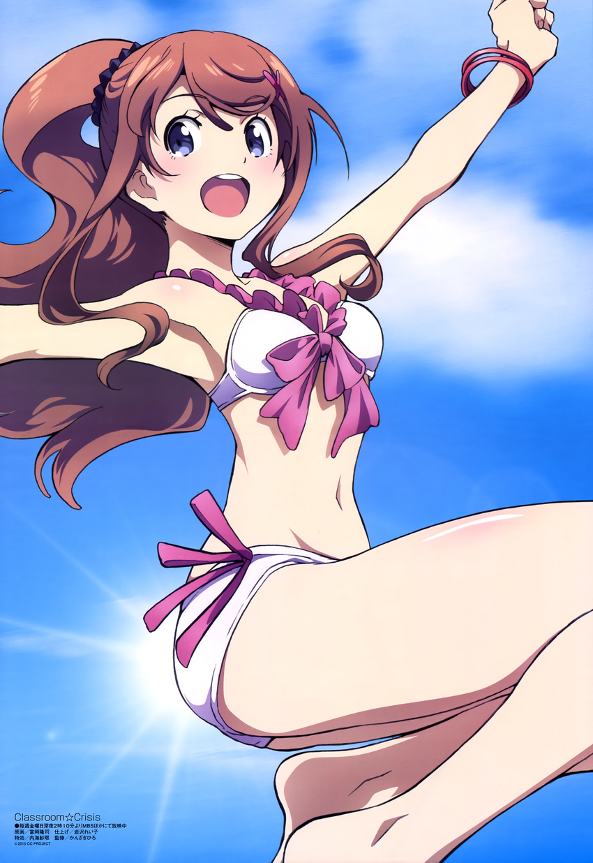 :d absurdres arm_up armpits barefoot bikini blue_eyes blush body_blush bow bracelet breasts brown_hair butterfly_hair_ornament classroom_crisis clenched_hand cloud day female frilled_bikini frills from_side front-tie_bikini_top front-tie_top hair_ornament hairclip happy high_ponytail highres jewelry jumping legs long_hair looking_at_viewer megami_magazine navel non-web_source official_art open_mouth outdoors outstretched_arm parted_bangs ponytail scan scrunchie sera_mizuki_(classroom_crisis) side-tie_bikini_bottom sky small_breasts smile solo sun swept_bangs swimsuit tomioka_takashi wavy_hair white_bikini