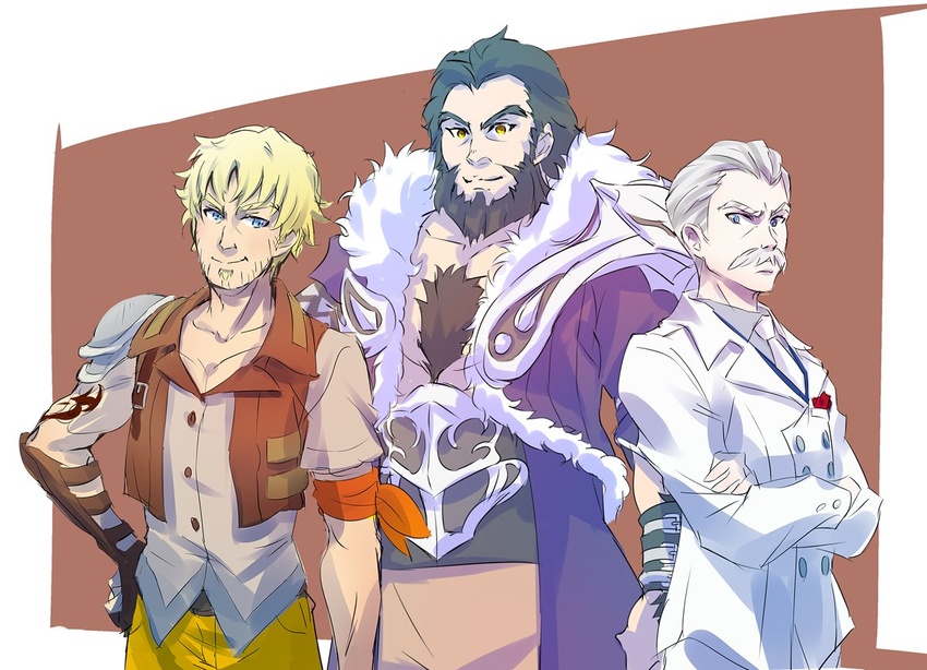 3boys asymmetrical_sleeves beard black_hair blonde_hair chest_hair commentary_request crossed_arms facial_hair father's_day ghira_belladonna iesupa jacques_schnee manly moustache multiple_boys rwby stubble taiyang_xiao_long uneven_sleeves white_hair