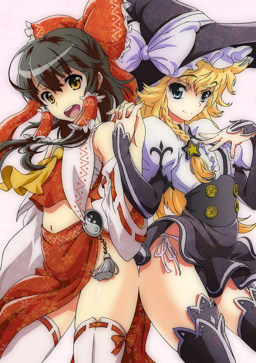 2girls absurdres adapted_costume ascot black_hair black_legwear blonde_hair blue_eyes bow braid brown_eyes commentary_request detached_sleeves floral_print hair_tubes hairbow hakurei_reimu hat hat_bow highres holding_hands interlocked_fingers juliet_sleeves junkparts kirisame_marisa long_sleeves looking_at_viewer multiple_girls open_mouth panties puffy_sleeves sarashi shirt side-tie_panties side_slit single_braid skirt skirt_set smile star_(symbol) thighhighs touhou underwear white_legwear white_panties yin_yang zettai_ryouiki