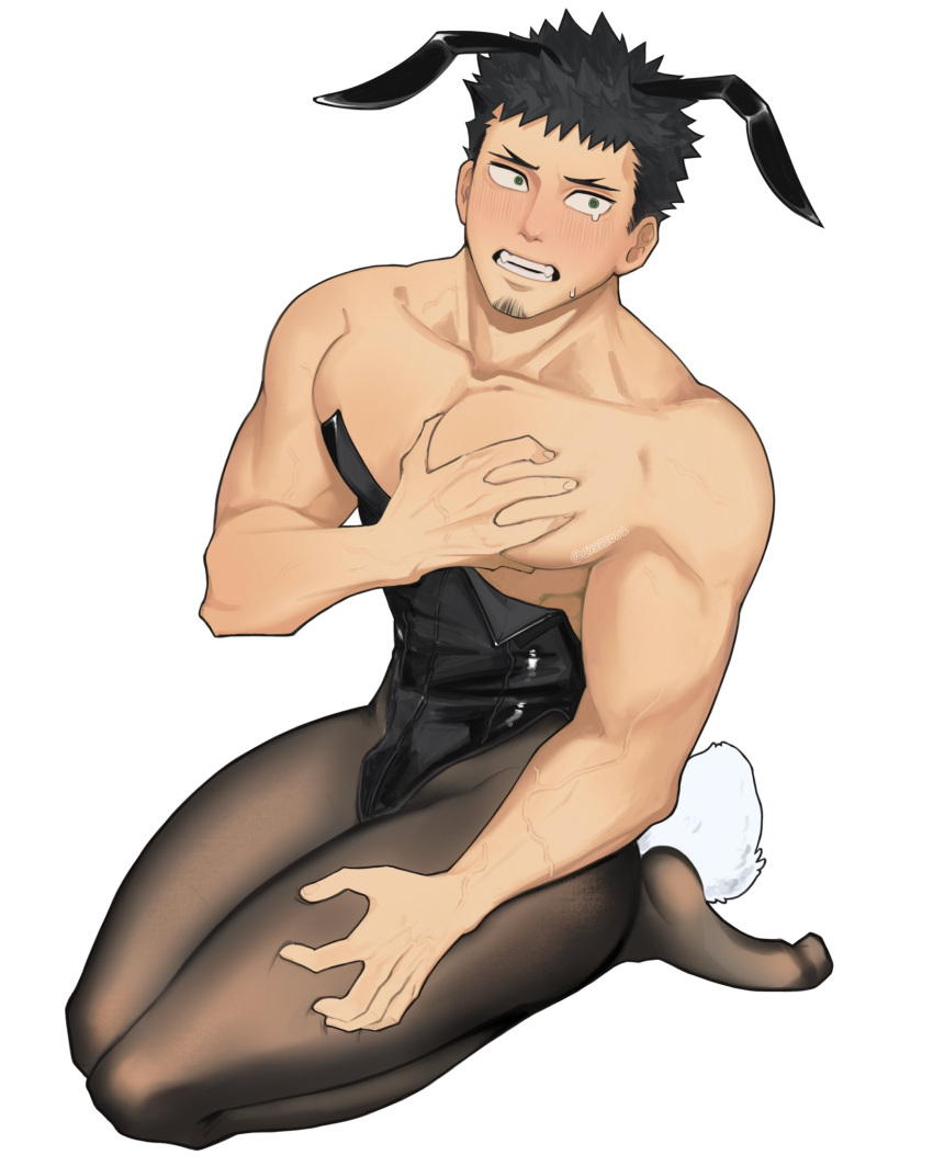 1boy animal_ears bara black_hair blush covering_chest covering_crotch covering_privates crossdressing facial_hair from_above goatee_stubble hibino_kafka highres kaijuu_no._8 large_pectorals leotard looking_at_viewer male_focus male_playboy_bunny mu_(i999ioo2) muscular muscular_male pantyhose pectorals rabbit_ears sanpaku short_hair shy solo spiked_hair stubble