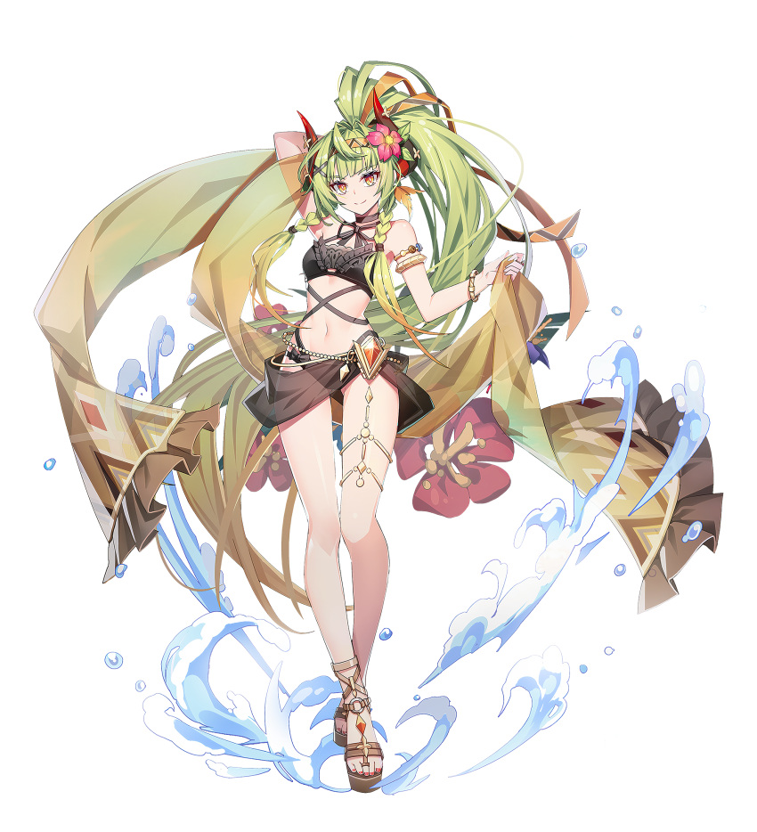 alternate_hairstyle bare_arms bare_legs bare_shoulders bikini black_bikini braided_sidelock breasts cross-laced_clothes dragon_girl dragon_horns female flower frills grand_chase green_hair hair_flower hair_ornament hair_ribbon high_ponytail highres holding_shawl horns long_hair medium_breasts official_alternate_costume official_art orange_eyes orange_gemstone orange_ribbon platform_footwear ragnar_(grand_chase) ribbon sandals see-through_clothes shawl slit_pupils smile swimsuit tachi-e transparent_background tsurime very_long_hair water