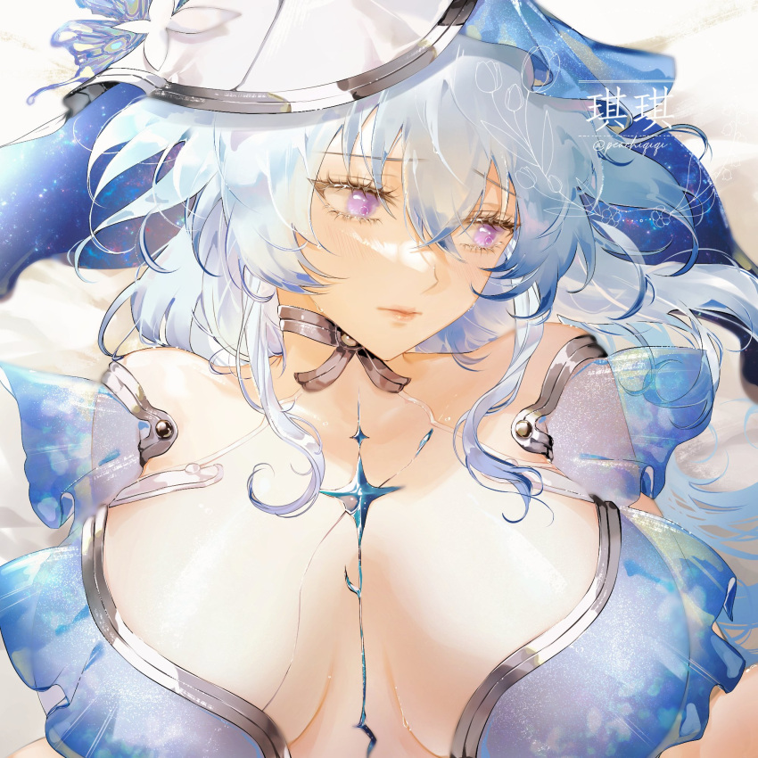 alternate_breast_size artist_name averting_eyes blue_hair body_markings breasts breasts_apart closed_mouth commentary embarrassed english_commentary female frown gift_art highres huge_breasts light_blush lips lying on_back on_bed peachiqiqi portrait purple_eyes solo the_shorekeeper_(wuthering_waves) three_quarter_view turning_head watermark wuthering_waves