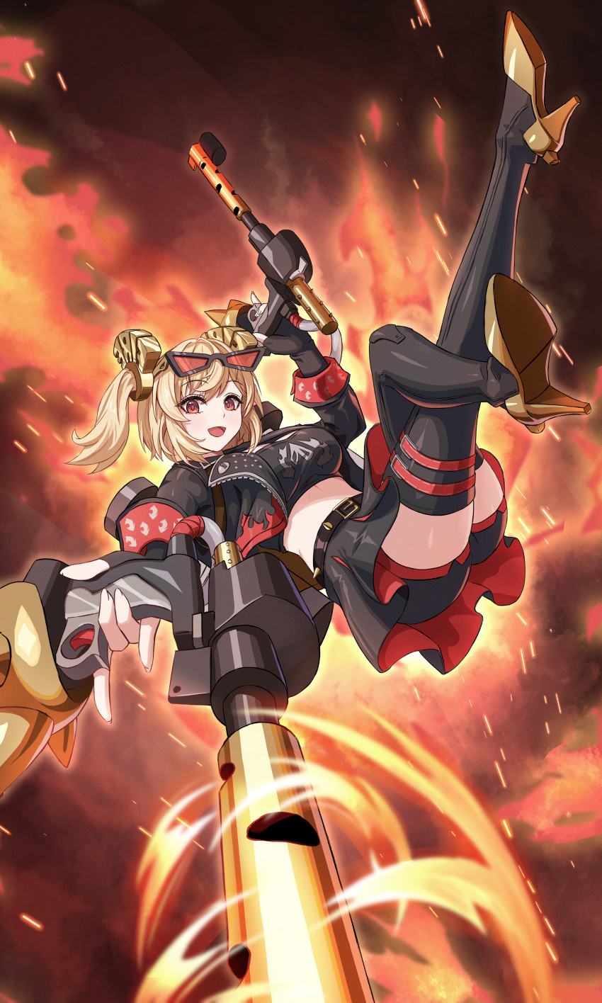 absurdres black_gloves black_jacket black_skirt black_thighhighs blonde_hair breasts burnice_white crop_top eyewear_on_head female flamethrower gloves heeyan highres holding_flamethrower jacket large_breasts looking_at_viewer one_eye_closed open_mouth red_eyes short_hair skirt smile solo spiked_jacket sunglasses thighhighs twintails weapon zenless_zone_zero