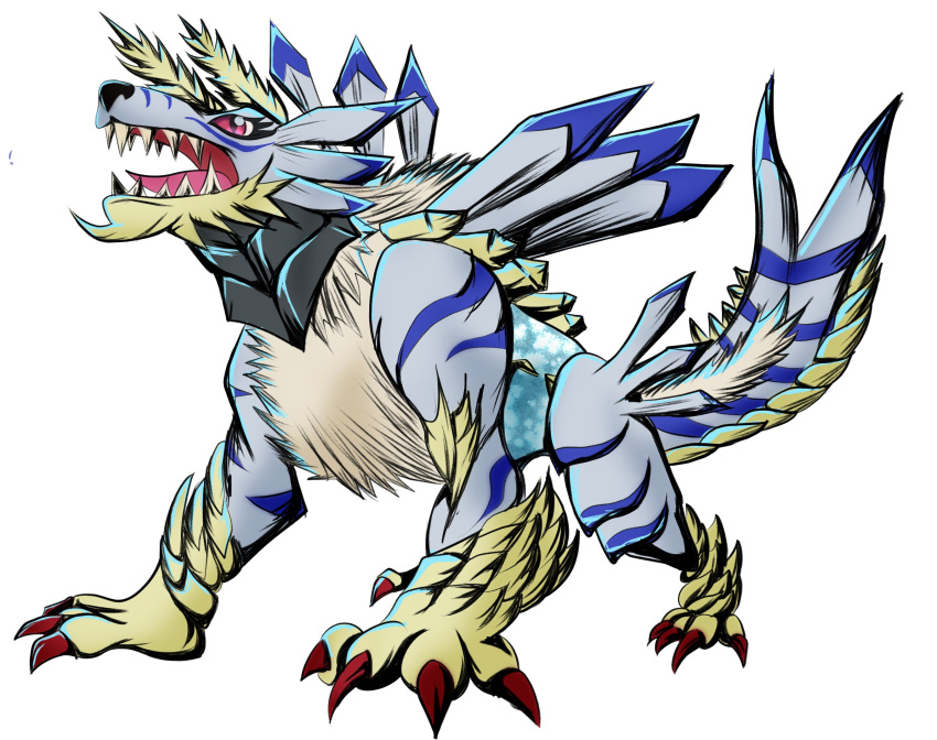 bandai_namco beelmaik19991 capcom colored_nails crossover digimon digimon_(species) fanged_wyvern feral fur garurumon hi_res horn hybrid male monster_hunter nails red_eyes sharp_teeth solo striped_body striped_fur stripes teeth zinogarurumon zinogre