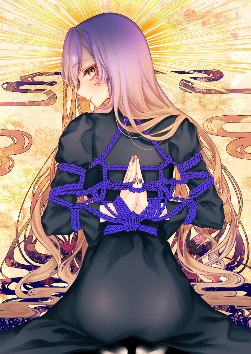 absurdres arms_behind_back ass black_dress blonde_hair bondage bondage bound bound_arms bound_wrists closed_mouth cloud commentary_request dress egasumi female full_body gradient_hair halo halo_behind_head highres hijiri_byakuren long_hair long_sleeves looking_at_viewer looking_back mokokiyo_(asaddr) multicolored_hair praying purple_hair restrained reverse_prayer rope shibari_over_clothes smile solo sunburst touhou very_long_hair