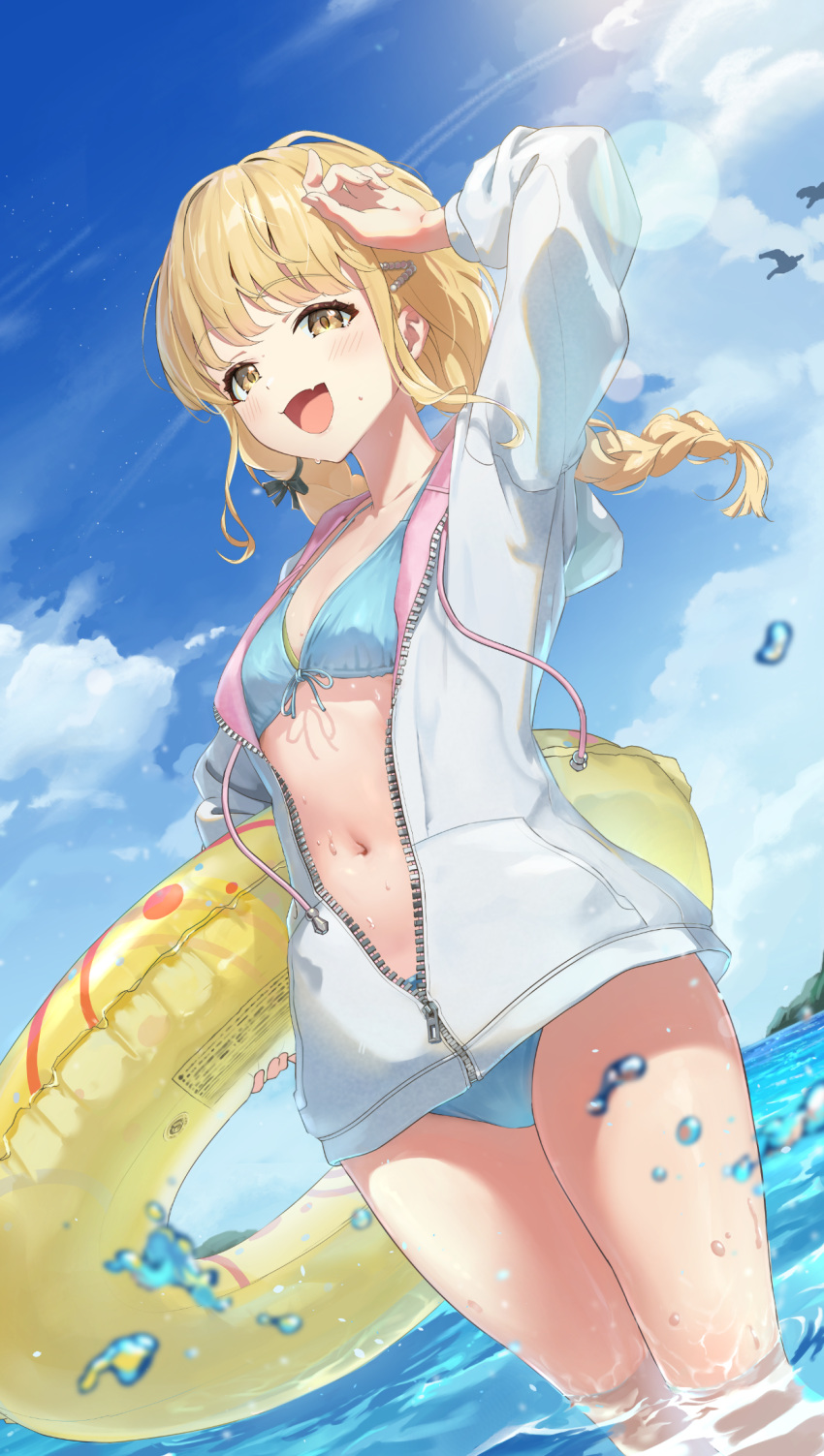 aqua_bikini bikini bikini_under_clothes blonde_hair blush braid breasts commentary_request dutch_angle female floating_hair front-tie_bikini_top front-tie_top fujita_kotone gakuen_idolmaster hair_ribbon highres holding holding_swim_ring idolmaster jacket jacket_over_swimsuit kazuma-mococo kimi_to_semi_blue_(idolmaster) looking_at_viewer oerba_yun_fang outdoors partial_commentary partially_unzipped refraction ribbon skin_fang small_breasts smile solo swim_ring swimsuit twin_braids two-sided_fabric two-sided_jacket wading white_jacket yellow_eyes