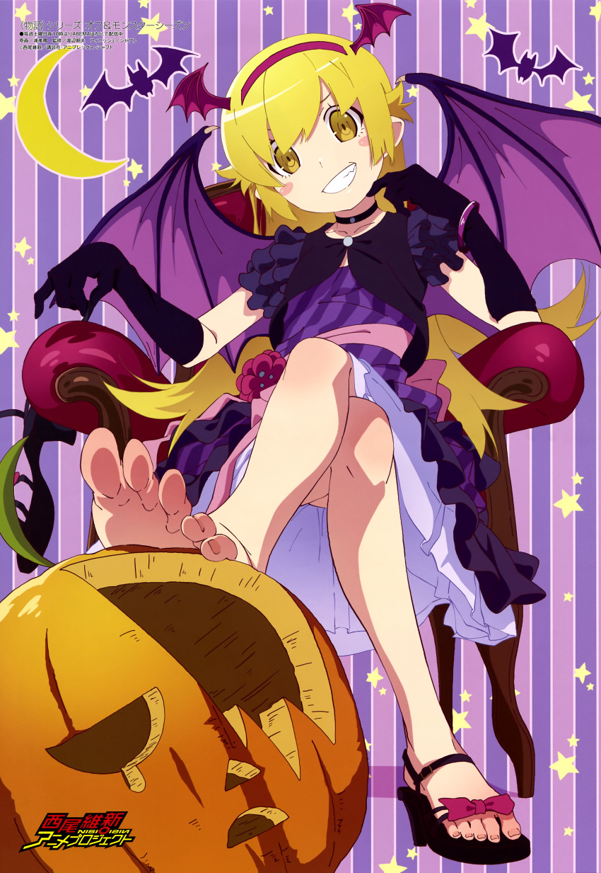 absurdres armchair bat_background black_choker black_gloves blonde_hair blush_stickers bow bracelet chair choker collarbone crossed_legs dress dress_flower elbow_gloves feet female flower footwear_bow full_body gloves grin hairband hand_up high_heels highres holding holding_footwear holding_unworn_clothes jewelry long_hair magazine_scan megami_magazine monogatari_(series) moon official_art on_chair oshino_shinobu pointy_ears pumpkin purple_background purple_dress purple_wings red_flower red_hairband sandals scan single_bare_foot sitting smile solo star_symbol_background striped_background toenails toes translation_request winged_hairband wings yellow_eyes