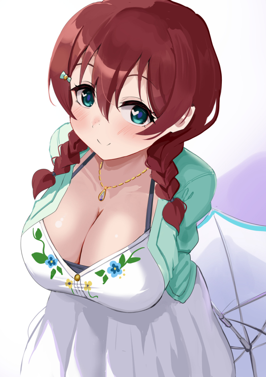 aqua_eyes arms_behind_back black_bra blush bra bra_strap braid breasts brown_hair cleavage commentary_request dress emma_verde female freckles green_jacket hair_between_eyes hair_ornament heart heart-shaped_pupils highres holding holding_umbrella jacket jewelry large_breasts looking_at_viewer love_live! love_live!_nijigasaki_high_school_idol_club necklace pisagi sidelocks simple_background smile solo standing symbol-shaped_pupils twin_braids umbrella underwear white_background white_dress