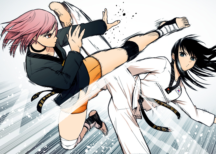 2girls aqua_eyes artist_request bandaged_knees barefoot battle belt bike_shorts black_belt black_choker black_hair black_trim catfight character_request choker collarbone commentary_request diamond_mouth dougi feet fingernails flying_kick gradient_background high_kick jade_lane karate kicking knee_pads legs_apart looking_at_another martial_arts medium_hair motion_blur motion_lines multiple_girls orange_eyes orange_shorts original parted_lips pink_hair shorts soles south_korean_flag stirrup_legwear taekwondo thick_thighs thighs toeless_legwear white_background wind