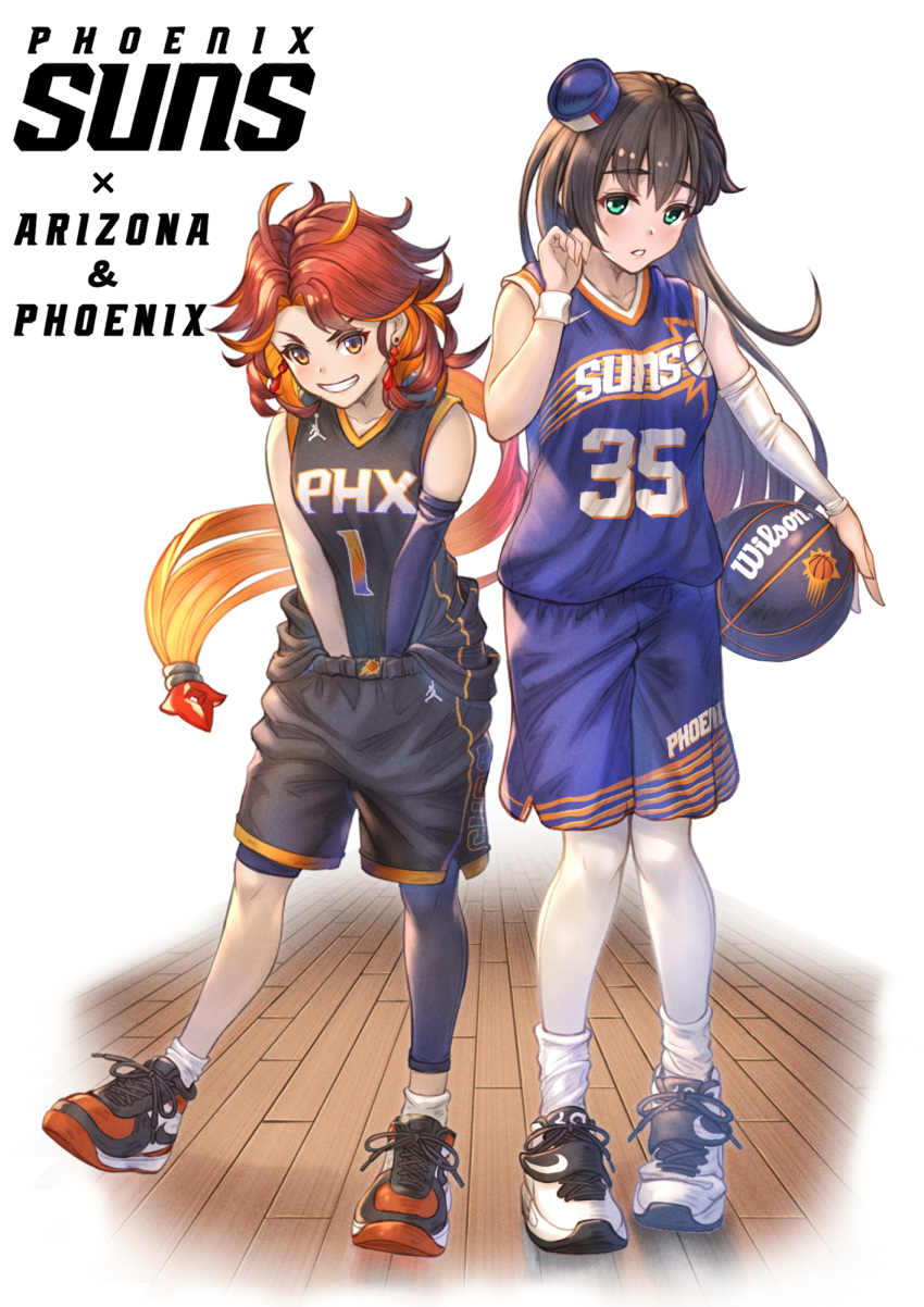 2girls arizona_(azur_lane) azur_lane ball basketball basketball_(object) basketball_uniform character_name check_commentary commentary_request copyright_name detached_sleeves devin_booker full_body highres jordan_brand kevin_durant long_hair multiple_girls name_connection national_basketball_association nike_(company) phoenix_(azur_lane) phoenix_suns shoes single_detached_sleeve single_leg_warmer sneakers socks sportswear wilson_sporting_goods wooden_floor wristband yakkuro