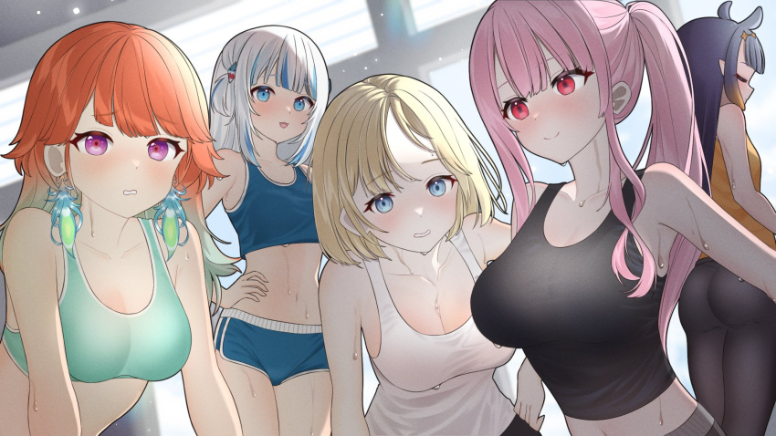 5girls ass back bare_shoulders blonde_hair blue_eyes blush breasts cleavage closed_eyes closed_mouth collarbone cut_bangs dutch_angle earrings feather_earrings feathers gawr_gura gym hand_on_own_hip highres hololive hololive_english holomyth indoors jewelry large_breasts leaning_back light_particles light_smile long_hair looking_at_viewer midriff mori_calliope multicolored_hair multiple_girls navel ninomae_ina'nis open_mouth orange_hair parted_bangs parted_lips pink_hair ponytail purple_eyes purple_hair red_eyes rnight0112 short_twintails sidelocks small_breasts smile sports_bra sportswear stomach streaked_hair sweat takanashi_kiara tank_top twintails two-tone_hair virtual_youtuber watson_amelia white_hair window