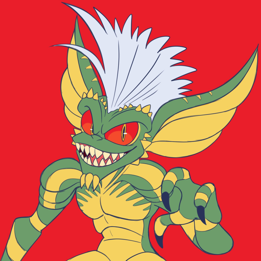 2024 8-bit-britt anthro black_claws claws digital_media_(artwork) green_body green_ears green_nose green_scales gremlin gremlin_(gremlins) gremlins grey_hair hair hi_res looking_at_viewer male mogwai multicolored_body multicolored_ears multicolored_scales orange_eyes pose red_background red_sclera reptile scales scalie sharp_teeth simple_background solo spikes spikes_(anatomy) standing stripe_(gremlins) teeth tongue two_tone_body two_tone_ears two_tone_scales yellow_body yellow_ears yellow_scales yellow_spikes