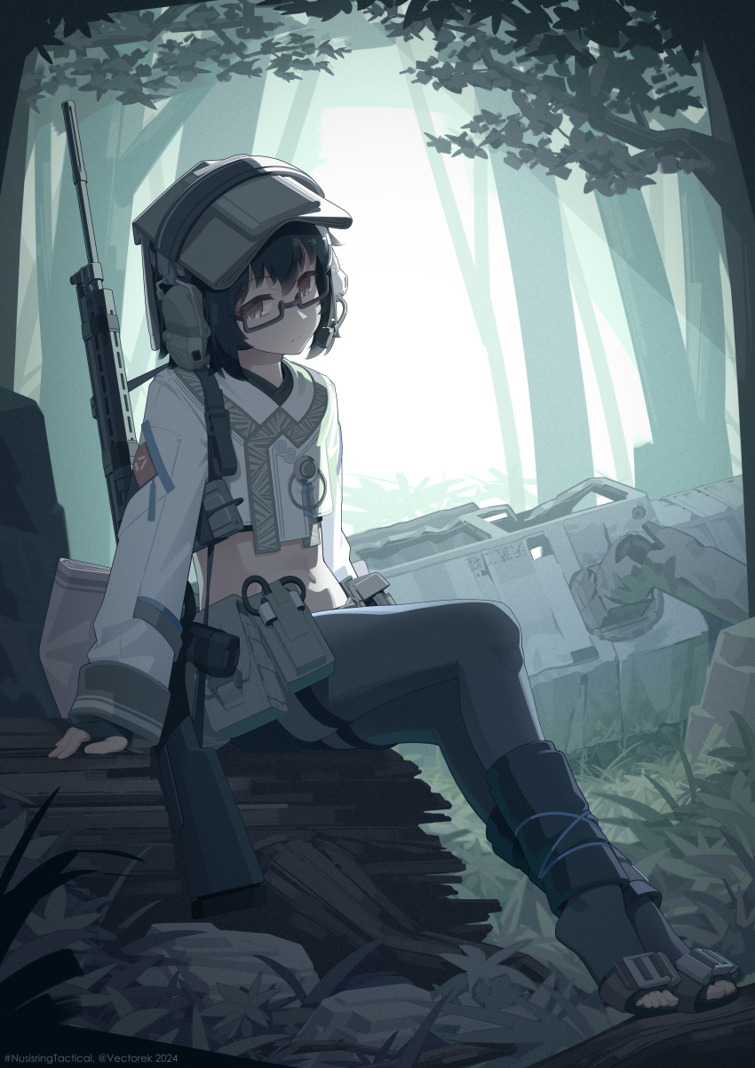 absurdres battle_rifle black_hair black_pantyhose fal_(girls'_frontline) female fn_fal forest glasses gun headgear highres medium_hair midriff military nature navel nusisring_tactical original pantyhose rifle short_shorts shorts tactical_clothes vectorek weapon