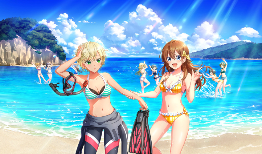 6+girls :d ^_^ arihara_tsubasa arm_up beach bikini bikini_under_clothes black_hair blonde_hair blue_eyes blue_hair bow breasts brown_hair cinderella_series cleavage closed_eyes cloud collarbone diving_mask diving_suit double_bun eye_contact eyewear_on_head flippers frilled_bikini frills game_cg goggles green_eyes green_hair hachigatsu_no_cinderella_nine hair_between_eyes hair_bun hairbow hand_on_own_head highres holding holding_another's_arm holding_footwear holding_unworn_clothes kawakita_tomoe kondou_saki light_rays long_hair looking_at_another multiple_girls nagai_kanako nakano_ayaka navel nitta_minako non-web_source nozaki_yuuki ocean official_art one_eye_closed open_mouth outdoors plaid_bikini plaid_clothes round_eyewear shiomi_nagisa short_hair side-tie_bikini_bottom sky smile splashing standing string_bikini striped_bikini striped_clothes sunbeam sunlight suzuki_waka swimsuit wading wet yellow_bow