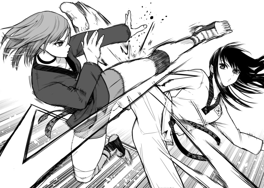 2girls aqua_eyes artist_request bandaged_knees barefoot battle belt bike_shorts black_belt black_choker black_hair black_trim catfight character_request choker collarbone commentary_request diamond_mouth dougi feet fingernails flying_kick gradient_background greyscale high_kick jade_lane karate kicking knee_pads legs_apart looking_at_another martial_arts medium_hair monochrome motion_blur motion_lines multiple_girls original parted_lips pink_hair shorts soles south_korean_flag stirrup_legwear taekwondo thick_thighs thighs toeless_legwear white_background wind