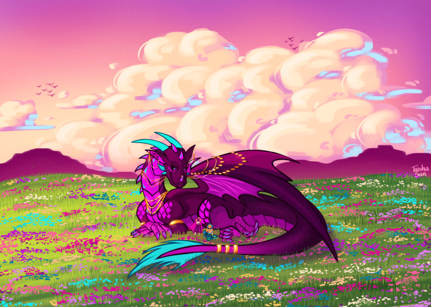 2023 accessory adopted_(lore) adopted_daughter_(lore) adoptive_father_(lore) aged_up ambiguous_feral ambiguous_focus ambiguous_gender animate_inanimate claws cloud colorful_theme detailed detailed_background digital_drawing_(artwork) digital_media_(artwork) digital_painting_(artwork) dragon female_(lore) feral feral_focus flower foolish_gamers furgonomics grass group hi_res horn human humanoid jewelry leonarda_(qsmp) lying male male_human male_humanoid mammal membrane_(anatomy) membranous_wings microsoft minecraft mojang mythological_creature mythological_scalie mythology necklace outside plant purple_body purple_scales qsmp ring scales scalie signature sitting size_difference sky solo_focus tail tail_accessory tail_jewelry tail_ring tail_tuft taisha_san totem_of_undying trio tuft vegetta777 wings xbox_game_studios