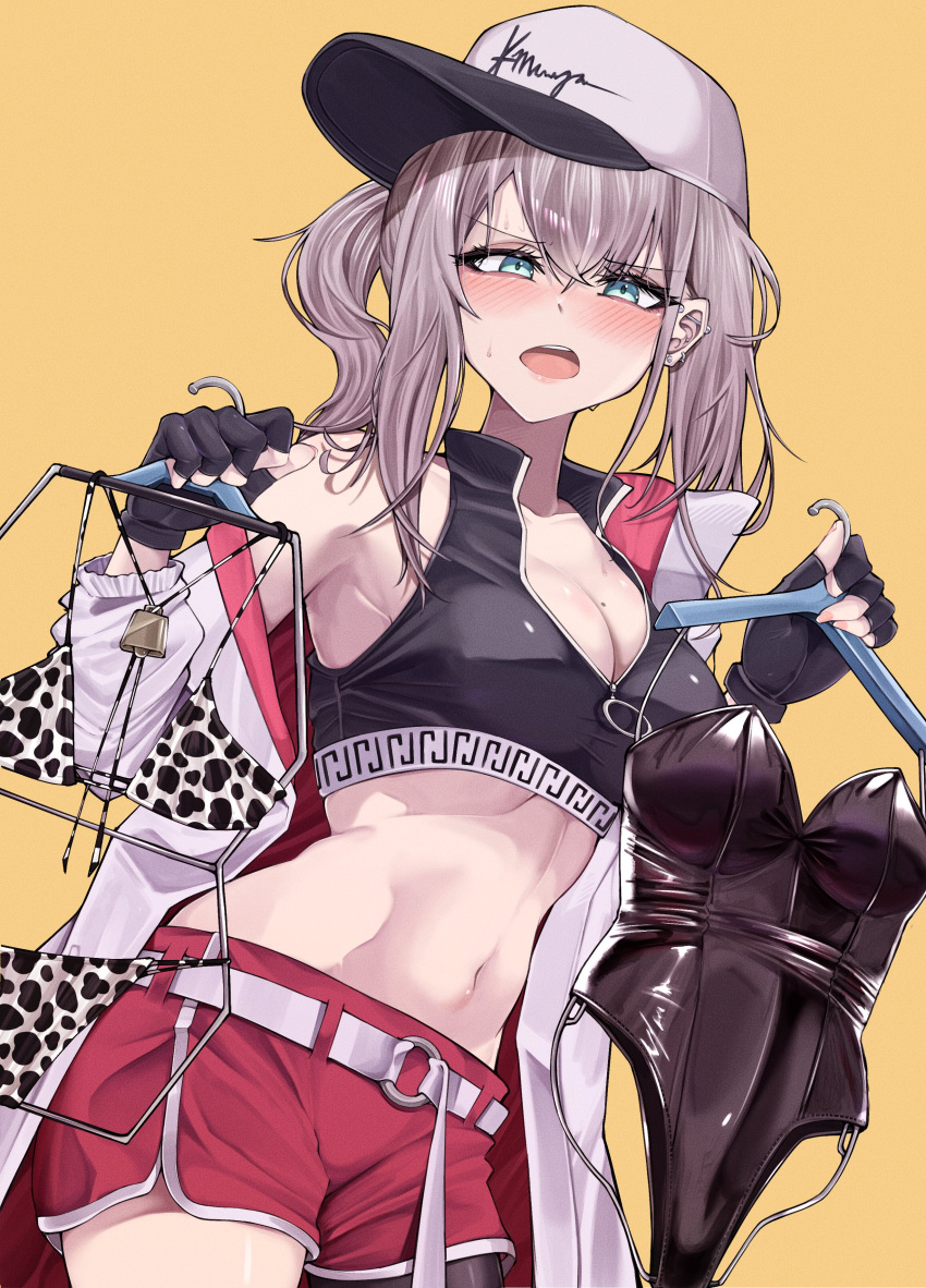 absurdres animal_print aqua_eyes ar-57_(girls'_frontline) backless_leotard baseball_cap bell belt bikini black_gloves black_leotard breasts cleavage clothes_hanger coat commentary commentary_request cow_print cow_print_bikini cowbell cowboy_shot crop_top dutch_angle ear_piercing embarrassed female fingerless_gloves girls'_frontline gloves grey_hair hair_between_eyes hat highres holding holding_clothes_hanger kuzumotsu leotard long_hair looking_at_viewer mole mole_on_breast navel off_shoulder open_mouth piercing print_bikini red_shorts shorts simple_background solo sweat swimsuit teeth upper_teeth_only white_coat yellow_background