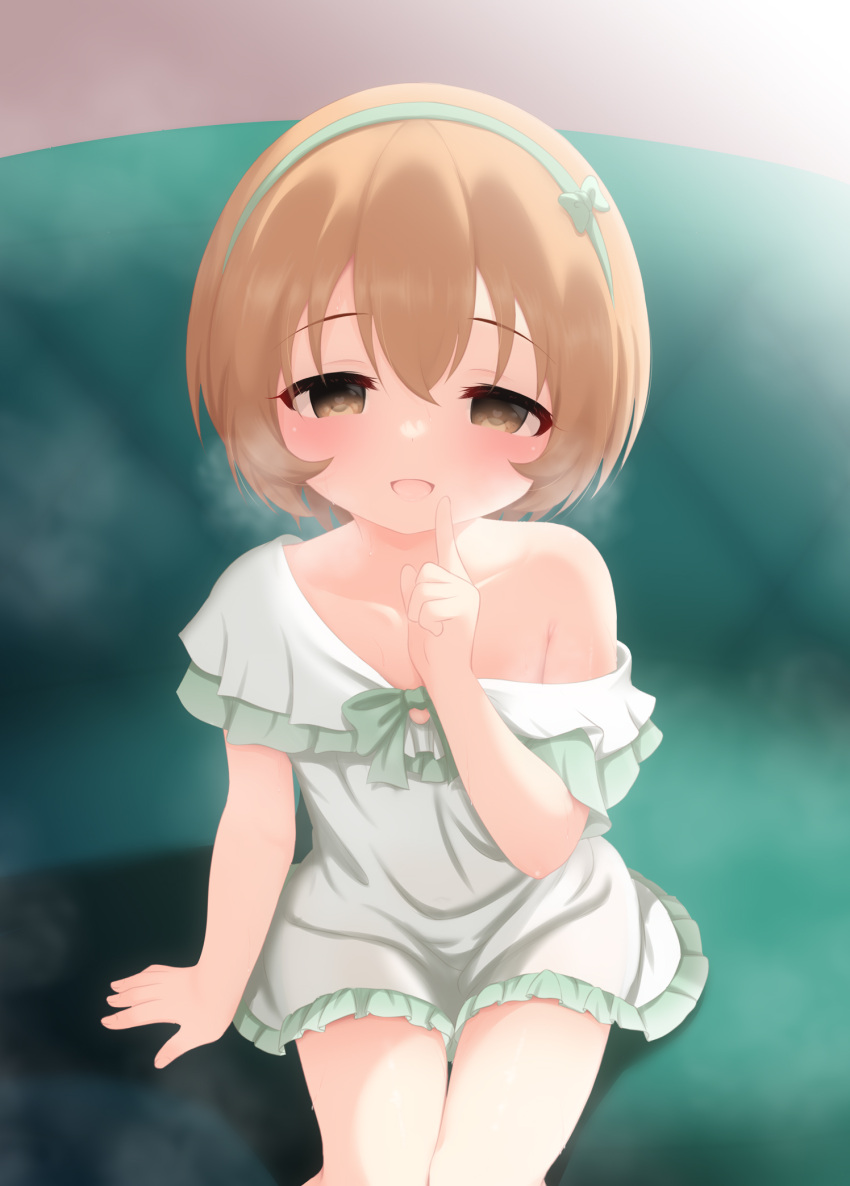 arm_support blush bow brown_eyes brown_hair collarbone commentary_request couch dress dress_slip empty_eyes female flat_chest frilled_dress frills green_bow green_dress green_hairband hair_between_eyes hairband half-closed_eyes hand_up heart heart-shaped_pupils highres hosizora_mikoto idolmaster idolmaster_cinderella_girls index_finger_raised koga_koharu looking_at_viewer on_couch open_mouth short_hair sidelocks sitting smile solo steam sweat symbol-shaped_pupils thighs