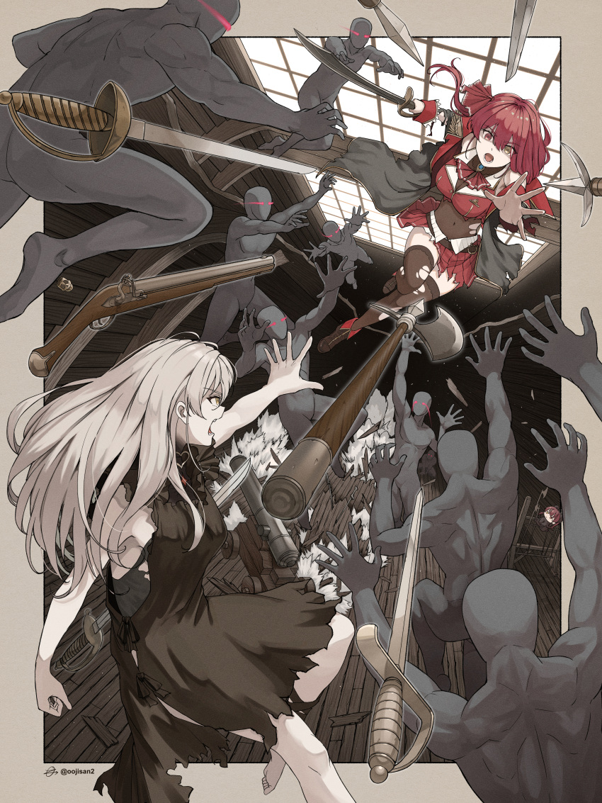 2girls 6+others absurdres ankle_boots antique_firearm ascot axe barefoot battle battle_axe belt black_coat black_dress boots border breasts brown_belt brown_footwear brown_leotard brown_thighhighs cannon character_doll coat commentary_request cropped_jacket cutlass dagger dead_ma'am's_chest_(houshou_marine) dress epaulettes eye_trail feet firelock flintlock floating floating_hair floating_object floating_weapon fold-over_boots glowing glowing_eyes grey_border grey_hair gun hair_ribbon heart heterochromia highres holding holding_sword holding_weapon hololive houshou_kumarine houshou_marine houshou_marine_(1st_costume) jacket knife large_breasts leotard leotard_under_clothes light_trail long_hair moto_oji-san multiple_girls multiple_others musket open_clothes open_coat open_hand open_mouth outside_border outstretched_arm pleated_skirt red_ascot red_eyes red_hair red_jacket red_ribbon red_skirt ribbon rifle see-through_clothes see-through_leotard ship_interior skirt skull_cup sleeveless sleeveless_dress sleeveless_jacket sword thighhighs toes torn_clothes torn_coat torn_dress torn_skirt torn_thighhighs twitter_username v-shaped_eyebrows virtual_youtuber weapon yellow_eyes