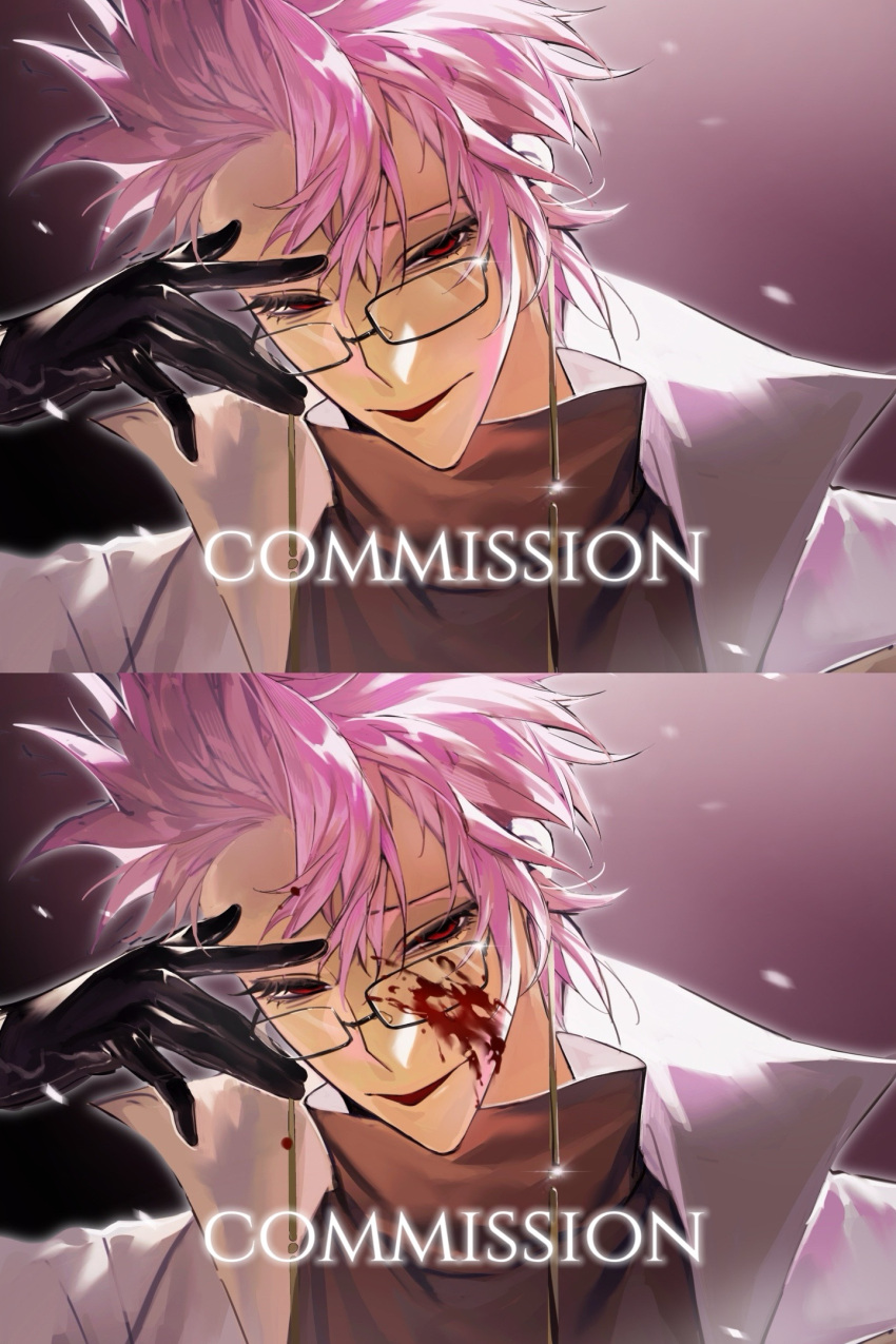 1boy alternate_hair_color bespectacled black_gloves black_shirt blood blood_on_face chinese_commentary commentary_request commission earrings glasses glint gloves hair_between_eyes highres jacket jewelry male_focus open_clothes open_jacket open_mouth pink_hair procreate_(medium) red_eyes saibou_shinkyoku shirt short_hair smile theodore_riddle white_jacket zhazhamadai