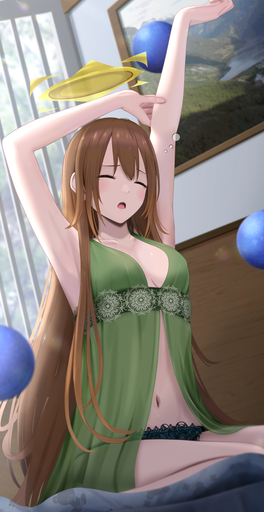 absurdres armpits arms_up bare_arms bare_shoulders black_panties breasts brown_hair closed_eyes collarbone day female furrowed_brow green_nightgown hair_between_eyes halo hand_on_own_arm highres inaka_44 indoors lace-trimmed_panties lace_trim large_breasts light_blush long_hair navel nightgown on_bed open_mouth original painting_(object) panties see-through_clothes sitting sleepy solo squeans straight_hair stretching tears teeth underwear upper_teeth_only very_long_hair waking_up yellow_halo