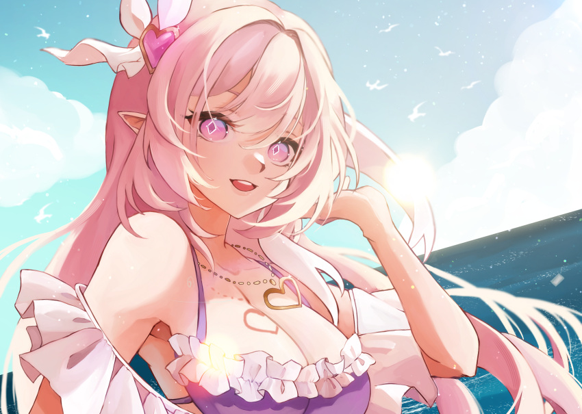 armpits bare_shoulders bikini bikini_top_only bird blue_sky breasts brooch cloud cloudy_sky elf elysia_(herrscher_of_human:_ego)_(honkai_impact) elysia_(honkai_impact) elysia_(summer_2023)_(honkai_impact) english_commentary female hair_between_eyes heart heart_brooch heart_necklace highres honkai_(series) honkai_impact_3rd jewelry large_breasts long_hair looking_at_viewer mofumanju necklace official_alternate_costume open_mouth pink_hair pointy_ears purple_bikini purple_eyes sky smile solo summer sun swimsuit teeth too_many too_many_birds upper_body upper_teeth_only