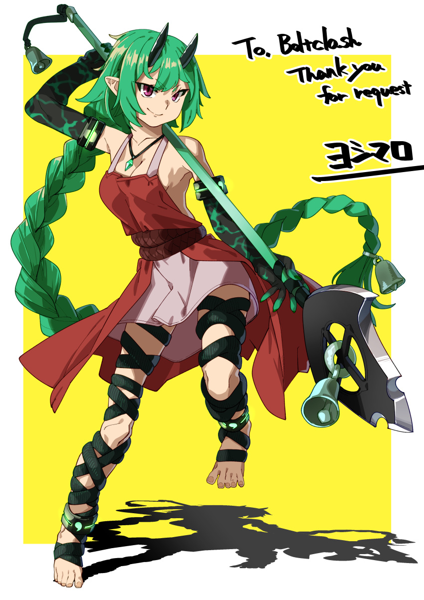 absurdres anklet armlet bare_shoulders barefoot bell black_gloves black_horns black_rope border braid breasts cleavage collarbone commissioner_name demon_horns detached_sleeves elbow_gloves feet female fighting_stance gem gloves green_gemstone green_gloves green_hair green_rope hair_bell hair_ornament highres holding holding_polearm holding_weapon horns jade_(boltclash) jade_pendant jewelry long_bangs long_hair looking_at_viewer magatama_(symbol) medium_breasts oni original pointy_ears polearm purple_eyes rope signature single_braid skinny skirt smile smirk solo spear spread_toes standing standing_on_one_leg thank_you tiptoes toenails toes very_long_hair weapon white_border yellow_background yoshimaro