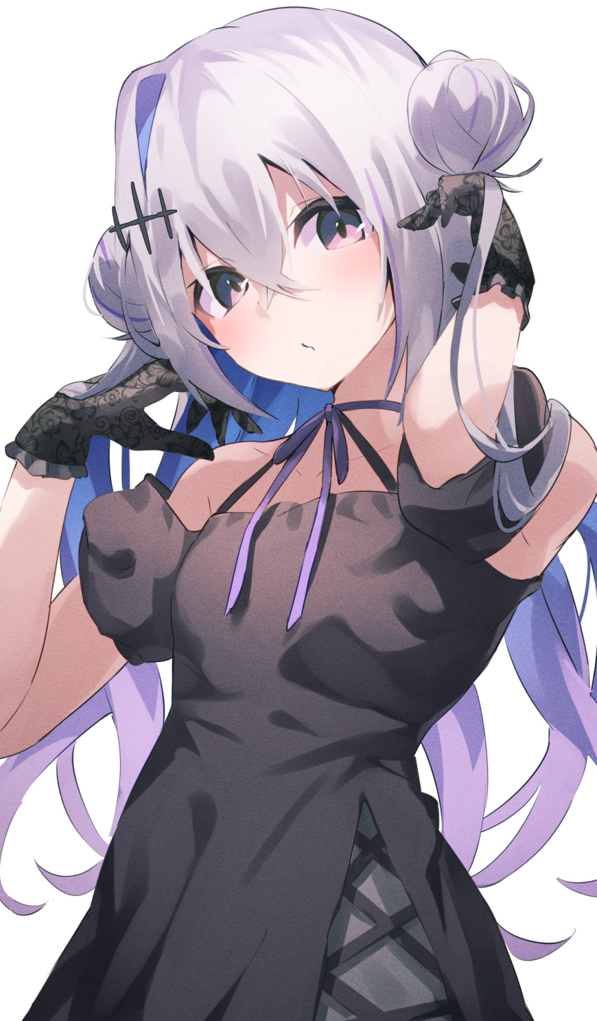 :/ amane_kanata animal_print bare_shoulders black_dress black_gloves black_sleeves blue_hair breasts butterfly_print closed_mouth colored_inner_hair cowboy_shot crossed_bangs double_bun dress female fragir frilled_gloves frills gloves gradient_hair grey_hair hair_between_eyes hair_bun hair_lift hair_ornament hand_in_own_hair hands_up head_tilt highres hololive long_hair looking_at_viewer multicolored_hair neck_ribbon off-shoulder_dress off_shoulder pink_eyes pink_hair print_gloves purple_ribbon ribbon short_sleeves simple_background single_hair_intake small_breasts solo virtual_youtuber white_background