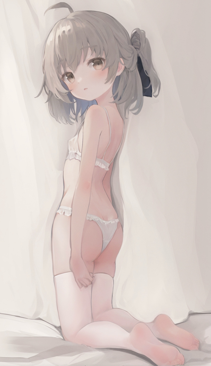 absurdres ahoge arms_at_sides ass bare_arms bare_shoulders bed_sheet bra breasts brown_eyes curtains female frilled_bra frilled_panties frills from_side full_body grey_hair hair_between_eyes hatoba_tsugu highres kneeling light_blush looking_at_viewer looking_to_the_side medium_hair no_shoes one_side_up panties parted_lips small_breasts solo spaghetti_strap thighhighs tsugu_(vtuber) underwear underwear_only virtual_youtuber wangyq white_bra white_panties white_thighhighs