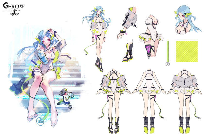 aqua_hair barefoot blue_sky closed_mouth cloud commentary_request da-kuro day feet female floating_hair full_body grantepieu_(phantom_of_the_kill) grey_footwear hand_on_own_head jacket long_hair looking_at_viewer official_alternate_costume official_art one-piece_swimsuit outdoors parted_bangs phantom_of_the_kill purple_eyes reference_sheet second-party_source sidelocks simple_background sitting sky smile stairs swimsuit thigh_strap toes white_background white_jacket white_one-piece_swimsuit