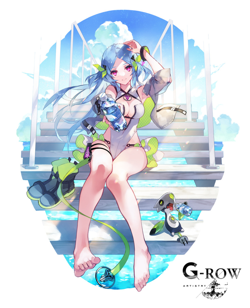 aqua_hair barefoot blue_sky closed_mouth cloud commentary_request da-kuro day feet female floating_hair full_body grantepieu_(phantom_of_the_kill) grey_footwear hand_on_own_head highres jacket long_hair looking_at_viewer official_alternate_costume official_art one-piece_swimsuit outdoors parted_bangs phantom_of_the_kill purple_eyes second-party_source sidelocks sitting sky smile solo stairs swimsuit thigh_strap toes white_jacket white_one-piece_swimsuit