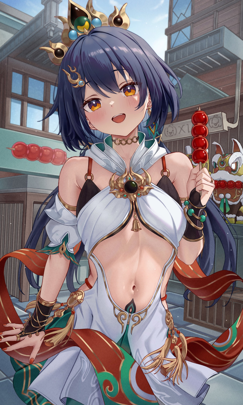 absurdres architecture armpit_crease bare_shoulders blush breasts chinese_clothes detached_sleeves diting_(honkai:_star_rail) earrings east_asian_architecture female green_skirt grey_hair hair_between_eyes hair_ornament hairclip headpiece highres holding holding_skewer honkai:_star_rail honkai_(series) jewelry long_hair looking_at_viewer low_twintails midriff navel open_mouth red_nails short_sleeves single_earring skewer skirt small_breasts smile solo stomach tanghulu twintails wrist_guards xia_0328 yellow_eyes yunli_(honkai:_star_rail)