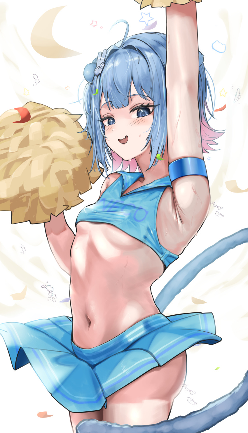 absurdres ahoge arm_strap arm_up blue_eyes blue_hair blue_skirt blush breasts cheerleader colored_inner_hair commentary_request confetti crop_top female hair_ornament hand_up highres holding holding_pom_poms indie_virtual_youtuber kanzarin_(vtuber) koutannkoburia looking_at_viewer miniskirt multicolored_hair navel oerba_yun_fang open_mouth pink_hair pleated_skirt pom_pom_(cheerleading) shirt short_hair sidelocks skin_fang skirt sleeveless sleeveless_shirt small_breasts smile solo stomach sweat tail virtual_youtuber