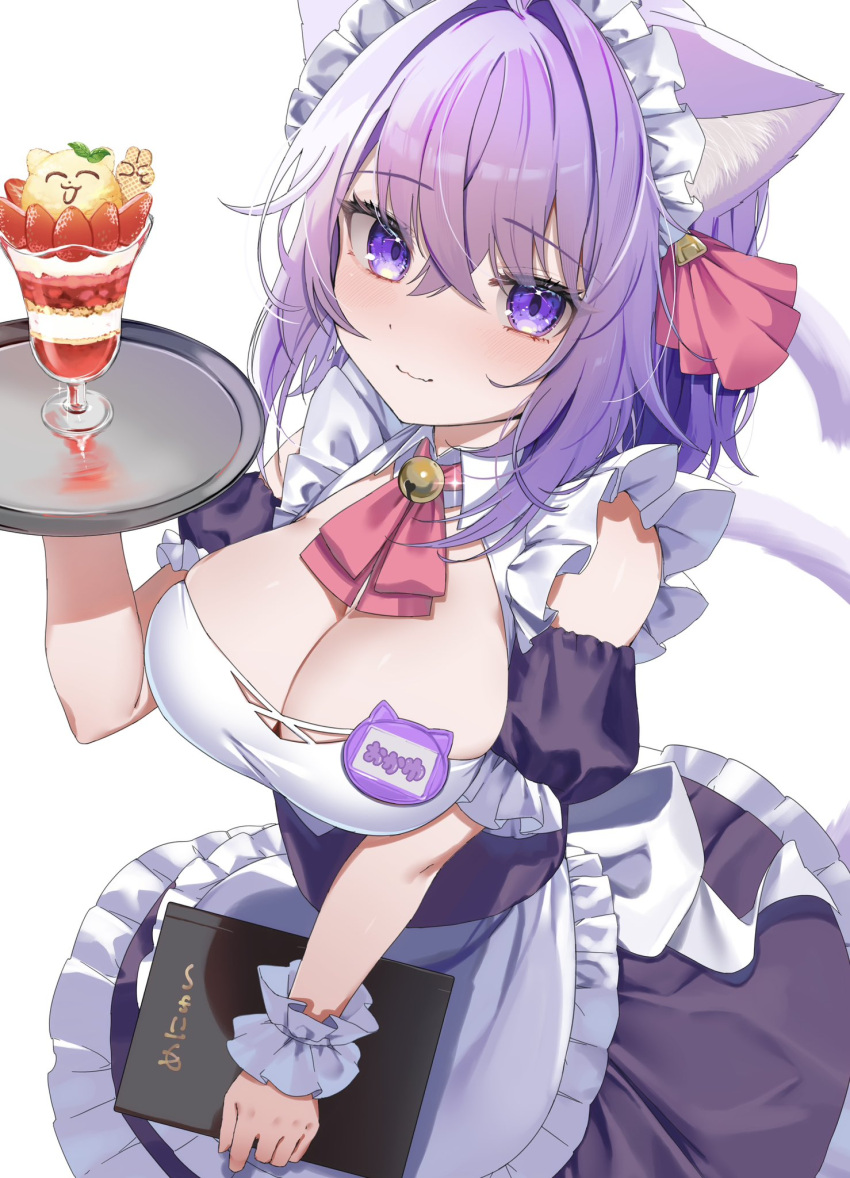 alternate_costume animal_ears apron breasts cat_ears cat_tail dress enmaided female highres holding holding_menu holding_tray hololive komiojisan large_breasts maid maid_apron maid_headdress menu nekomata_okayu purple_eyes purple_hair smile strawberry_parfait tail tray virtual_youtuber white_background wrist_cuffs