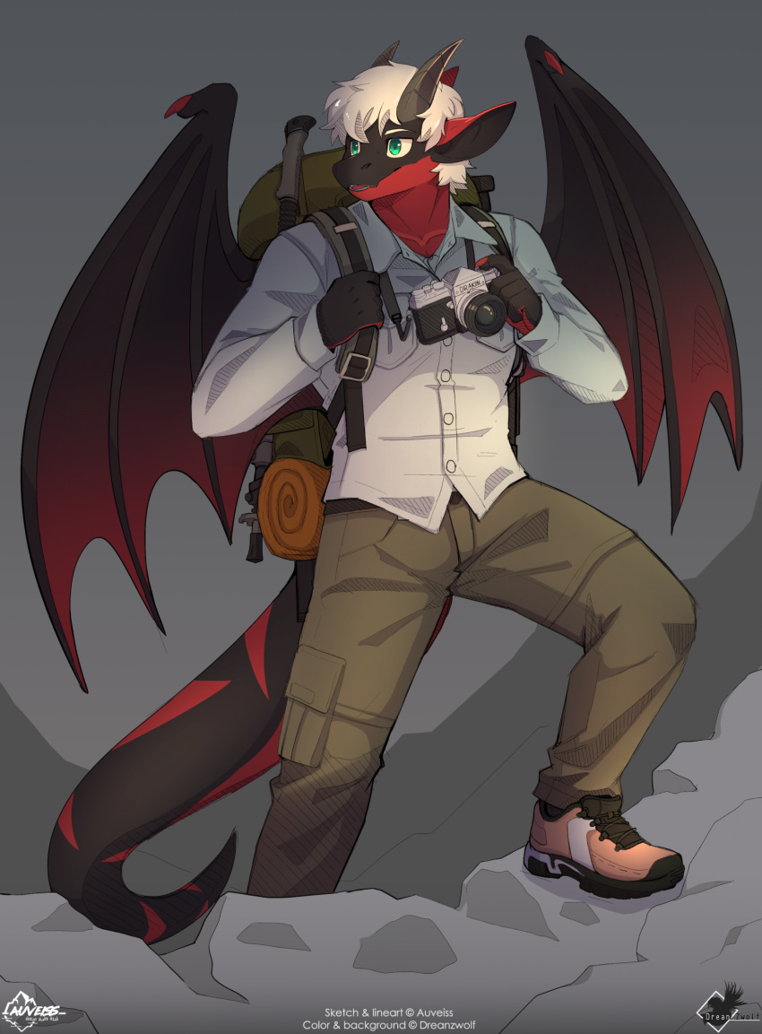 anthro auveiss backpack bag camera clothing digital_media_(artwork) dragon dreanzwolf footwear green_eyes hair hi_res hiking holding_object horn male mountain mythological_creature mythological_scalie mythology scalie shoes sleeping_bag solo tail tools white_hair wings