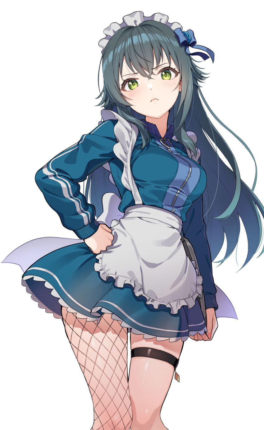 alternate_costume black_hair closed_mouth enmaided female fishnet_thighhighs fishnets gakuen_idolmaster green_eyes highres idolmaster kamille_(vcx68) long_hair long_sleeves looking_at_viewer maid simple_background solo thigh_strap thighhighs tsukimura_temari white_background