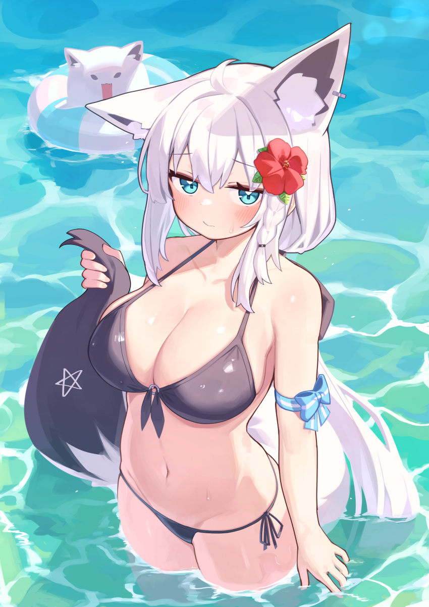 absurdres ahoge alternate_costume animal_ear_fluff animal_ear_piercing animal_ears aqua_eyes arm_ribbon bikini black_bikini black_ribbon blush braid breasts cleavage closed_mouth commentary day deaver double-parted_bangs female flower fox_ears fox_girl fox_tail from_above front-tie_bikini_top front-tie_top fubuzilla_(shirakami_fubuki) hair_between_eyes hair_flower hair_ornament hair_ribbon halterneck highres holding_own_tail hololive large_breasts long_hair looking_at_viewer low_ponytail navel o-ring o-ring_top ocean outdoors pentagram ribbon shirakami_fubuki side-tie_bikini_bottom side_braid sidelocks single_braid solo stomach string_bikini swim_ring swimsuit tail very_long_hair virtual_youtuber wading water white_hair