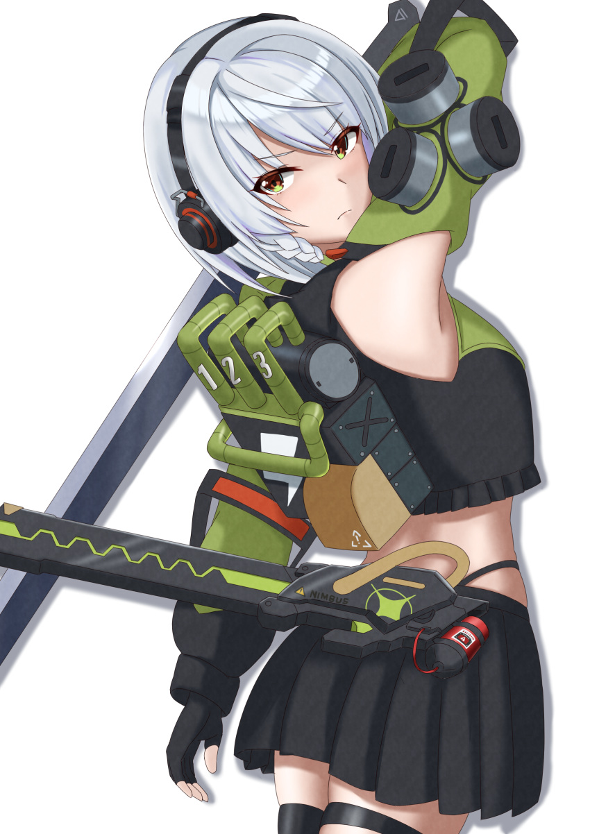 absurdres anby_demara bare_shoulders black_jacket black_skirt cowboy_shot crop_top female green_jacket grey_hair headphones highres jacket long_sleeves midori_mushi midriff miniskirt multicolored_clothes multicolored_jacket pleated_skirt scabbard sheath short_hair simple_background skirt solo standing sword thigh_strap two-tone_jacket weapon white_background zenless_zone_zero