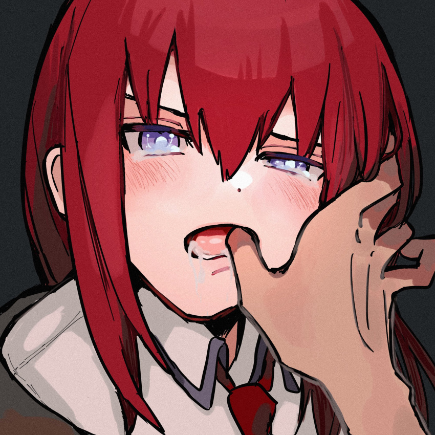 1other black_background blush collared_shirt commentary drooling female hair_between_eyes half-closed_eye hand_in_another's_mouth highres long_hair looking_at_viewer makise_kurisu necktie open_mouth portrait pov red_hair red_necktie shirt sidelocks simple_background steins;gate suehiroch0 tearing_up tears tongue white_shirt