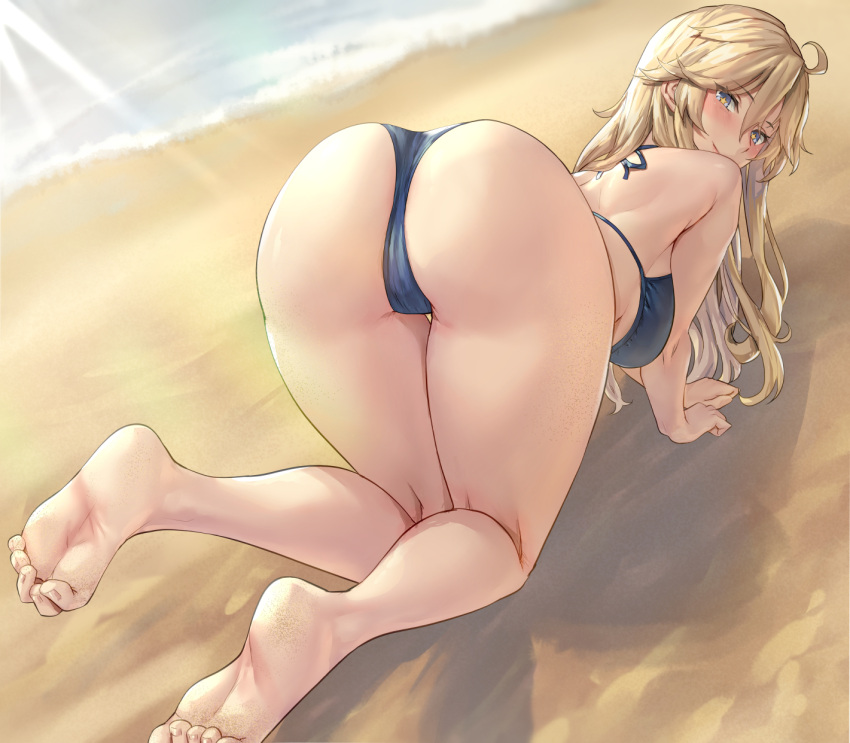 all_fours ass barefoot beach bikini blonde_hair blue_bikini blue_eyes breasts commission feet female halterneck highres iowa_(kancolle) kantai_collection kokuzou large_breasts looking_at_viewer looking_back outdoors sand skeb_commission smile soles solo string_bikini swimsuit toe_scrunch