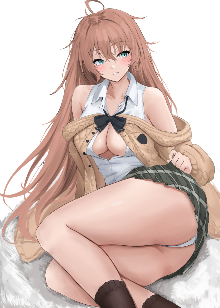 absurdres ass azur_lane bare_legs bare_shoulders black_bow black_bowtie blue_eyes blush bow bowtie breasts brown_cardigan brown_hair cardigan cleavage clothes_lift collared_shirt commentary_request female green_skirt grin hair_between_eyes highres impero_(azur_lane) impero_(languid_librarian)_(azur_lane) lifting_own_clothes light_smile long_hair long_sleeves lying medium_breasts messy_hair miniskirt no_bra off-shoulder_cardigan on_side open_cardigan open_clothes panties partially_unbuttoned plaid_clothes plaid_skirt pleated_skirt school_uniform shirt skirt skirt_lift sleeveless sleeveless_shirt smile solo soul_(dp11) teasing thighs underwear very_long_hair white_panties white_shirt