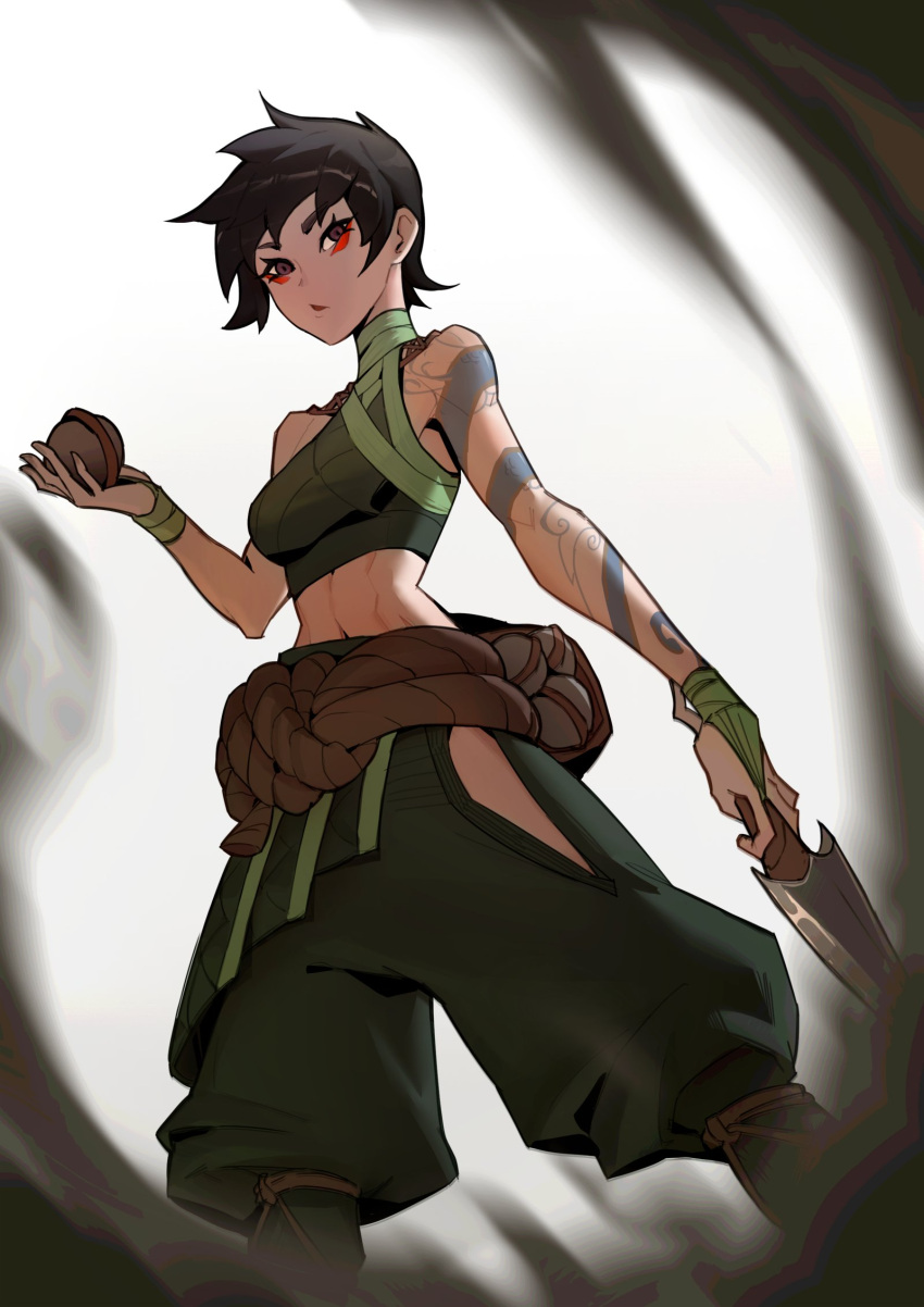 akali arm_tattoo bare_shoulders bkgz192959 blurry blurry_foreground breasts cloud_tattoo crop_top feet_out_of_frame female green_pants highres holding holding_knife knife league_of_legends medium_breasts midriff navel official_alternate_hairstyle pants puffy_pants red_eyes rope short_hair simple_background smoke solo standing tattoo white_background