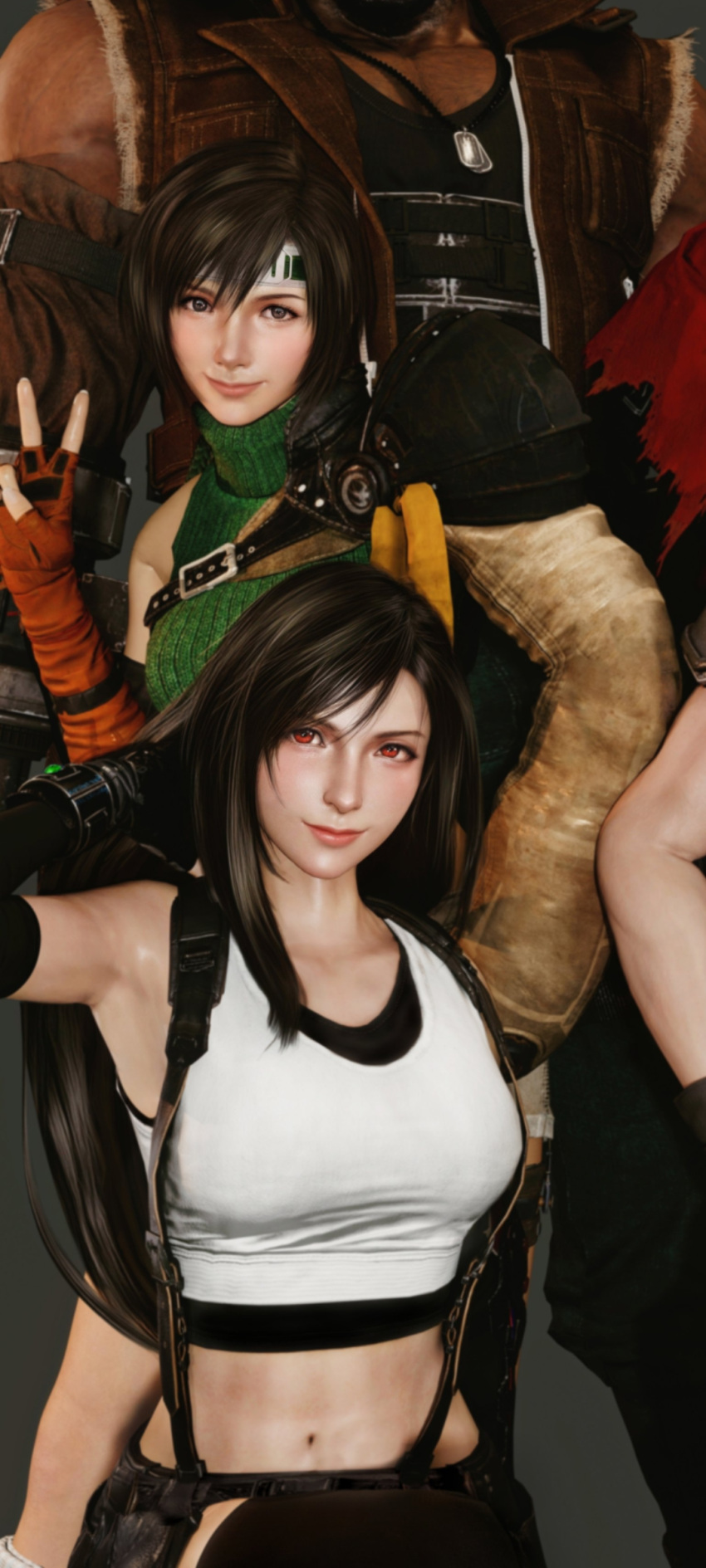 armpits belly_button big_breasts black_hair brown_eyes final_fantasy final_fantasy_vii final_fantasy_vii_remake jammybear long_hair looking_at_viewer petite petite_female red_eyes short_hair sports_bra teenager tifa_lockhart top yuffie_kisaragi