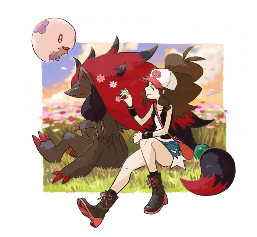 antenna_hair bag black_footwear black_socks black_vest black_wristband boots brown_hair closed_eyes cloud day exposed_pocket female flower grass grin hat high_ponytail highres hilda_(pokemon) knees kokesa_kerokero long_hair munna open_clothes open_vest outdoors pokemon pokemon_(creature) pokemon_bw shirt short_shorts shorts shoulder_bag sidelocks sky sleeveless sleeveless_shirt smile socks teeth vest white_hat white_shirt zoroark